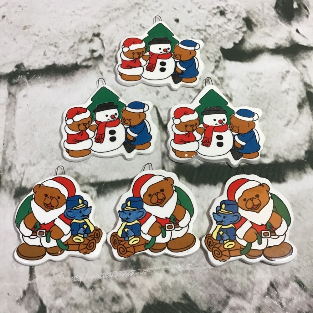 Christmas Ornaments Teddy Bears Snowmen Matching Lot Of 6 Flat Ceramic Approx 2"